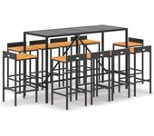 Mesa y taburetes altos jardín 11 pzas madera y ratán pe negro