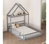 Cama infantil 140 x 200 cm con rejilla protectora y puerta - cabecero separable - madera maciza + mdf - gris