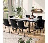 Conjunto de mesa de comedor + 8 sillas de terciopelo - 140/180 x 80 x 75 cm - patas de mdf y metal - tapa efecto mármol - blanco + negro