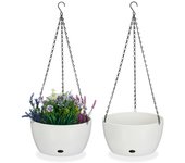 Relaxdays pack 2 macetas colgantes con depósito de agua, 67x28,5 cm, maceteros interior y exterior, plástico, blanco