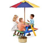 Mesa infantil de exterior, mesa de picnic para niños con sombrilla, mesa y banco de jardín de madera, para 1-4 niños, 89×79×50 cm (multicolor)