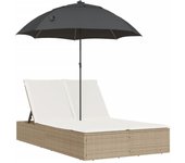 Tumbona doble con cojines y sombrilla ratán sintético beige cfw425660
