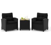 Costway conjunto jardin exterior de 3 piezas de ratán, 2 sillas con con cojines de asiento y respaldo, mesa de café con vidrio templado, mesa y sillas