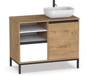 Mueble de lavabo íos, tiradores y estructura en negro, lavabo no incluido, medidas 95,5x100x51cm (alto x ancho x profundo), color blanco/roble gold