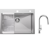 Cecipa max fregadero de cocina 1 seno 60×45×18cm fregadero de inox cepillado con cesto de drenaje + grifo de cocina con ducha extraíble cepillada