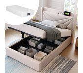 Cama contenedor 90 x 200 cm - usb y tipo c - tela de lino - somier de láminas - beige + colchón