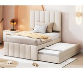 Cama tapizada de lino 90x200 cm - con cama nido con ruedas y 3 cajones - beige