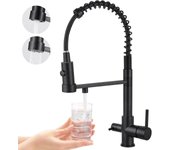 Grifo de cocina de tres vías, grifo de cocina extraíble, grifo de fregadero de latón, grifo mezclador con filtro de agua 3 en 1 (negro mate)