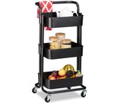 Relaxdays carrito auxiliar, 3 pisos, 2 frenos, carro multiusos cocina, baño, oficina, metal, 84x42x37 cm, negro