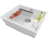 Primagran fregadero cocina blanco 56x47cm, fregadero granito 1 seno + sifón + accesorio, fregadero sobre encimera al mueble 60cm