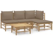 Set de muebles de jardín 5 piezas bambú y cojines gris taupé