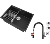 Auralum max fregadero cocina 1 bandeja 60*44*20cm,inox 304, empotrado/subplano con cesta de drenaje,negro+grifo cocina con ducha extraíble,negro