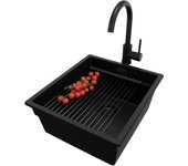Primagran fregadero bajo encimera todo negro 41x47cm, fregadero granito 1 seno + sifón + accesorios, fregadero cocina al mueble 45cm - prague