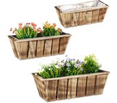 Relaxdays pack de 3 macetas de madera, jardineras, 3 tamaños, tiestos flores, interior y exterior, con plástico, marrón
