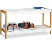 Relaxdays zapatero con 2 estantes, bambú, tablero dm, resistente, blanco y marrón