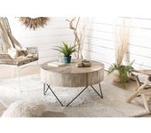 Laly - mesa de centro redonda 90x90cm madera de teca natural patas de metal scandi negro
