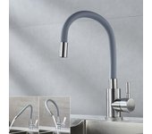 Grifo de cocina extraíble gris plateado mate con manguera flexible de silicona maleable y rotación de 360°.