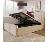 Cama contenedor 140 x 200 cm con cabecero - tomas usb y tipo c - tela de lino - rayas decorativas - beige (sin colchón)