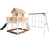Axi casa de juegos liam con arenero, columpio doble y tobogán gris | casa zancudo xxl en marrón y blanco de madera fsc para niños | torre de juegos