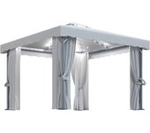 Cenador con cortina y tira de luces led aluminio crema 3x3 m
