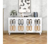 Aparador de espejo blanco con elegantes tiradores de cristal, cuatro puertas, con tapa extraíble en laminado para salón, 160 x 40 x 84 cm
