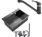 Fregadero cocina 1 bandeja acero inoxidable negro 65x45cm, empotrado/para colocar+grifo cocina,orientable 360°,agua caliente/fría,negro