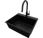Primagran fregadero granito todo negro 58x50cm, fregadero cocina 1 seno + grifo 40x22cm + sifón, fregadero sobre encimera al mueble 60cm - riga