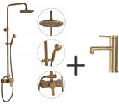 Auralum max columna de ducha de latón bronce retro,ducha con mezclador mecánico,altaur ajustable+grifo lavabo giratorio 360°,agua caliente/fría,dorado