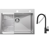 Cecipa fregadero max 1 lavabo 60×45cm fregadero de acero inoxidable cepillado con cesto de drenaje + grifo de cocina monomando flexible, grifo extraíb