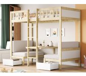 Litera 90x200 cm - escritorio convertible en cama debajo - con 2 cajones y escalera - blanco y natural