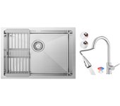Fregadero de cocina cepillado de 1 seno con escurridor de 60 x 44 cm + grifo mezclador de fregadero cepillado con ducha extraíble