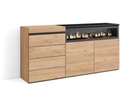 Cómoda, cajonera, 157x35x75cm, dormitorio, habitación, chimenea eléctrica, roble