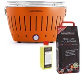 Barbacoa naranja con pilas y cable de alimentación usb + 2,5kg de carbón de haya + gel combustible 500ml - lotus grill