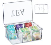 Relaxdays caja té, plástico, 6 compartimentos, 9 x 21,5 x 15 cm, cajita organizadora bolsas infusiones, transparente