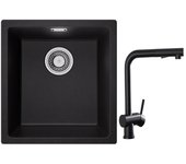 Cecipa max fregadero 1 seno de cuarzo y resina negro gris 40*44*20cm + grifo de cocina con ducha extraíble, mezclador de fregadero negro