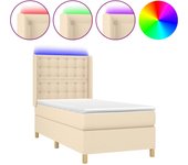 Cama somier tapizada con colchón y luces led, tela color crema, 90x190 cm