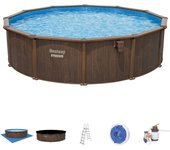 Piscina desmontable redonda de acero bestway hydrium 550x130 cm depuradora de arena con cobertor, escalera y tapiz color marrón