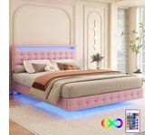 Cama plana 140*200 cm, luz ambiental led, mando a distancia de 24 teclas, suspensión, material pu, rosa