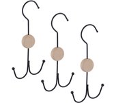 Relaxdays juego 3 perchas cinturones 2 ganchos, para bolsos, corbatas y accesorios, metal y madera, negro