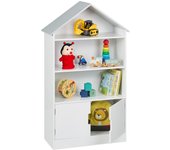 Relaxdays estantería infantil, forma de casa, librería niños, 3 baldas abiertas y 1 con puerta, 115x68x28cm, blanco/gris