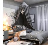 Camas con flecos y cúpula para habitación infantil, repisa de tienda, mosquitera de encaje, montaje en techo sin agujeros, color gris