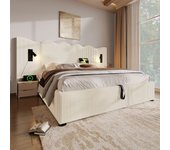 Cama doble tapizada 180 x 200 con luz de lectura y cargador usb tipo-c, marco de madera maciza y metal, beige, tejido de pana