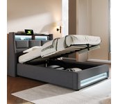 Cama con almacenaje de lino 90x200 cm con led y puertos usb - somier - gris