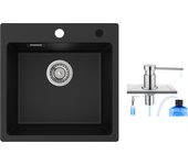 Fregadero cecipa max 1 seno en cuarzo y resina negra 45x45cm fregadero de encastre + dispensador de jabón de cocina cromado 300ml