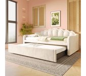 Cama nido 90x200/180x200 cm - con cama nido - con tira de luz led - terciopelo - beige (colchón no incluido)
