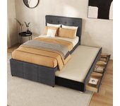 Cama tapizada 90x200cm con cama nido 90x190cm - en tejido de lino - con 3 cajones y somier - gris