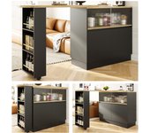 Mueble bar giratorio de 4 puertas y estantes de almacenamiento, madera mdf y vidrio, color negro y natural