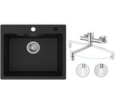 Fregadero de 1 lavabo 50x45 cm fregadero de cuarzo y resina fregadero encastrable + mezclador de cocina de pared con 2 chorros cepillados