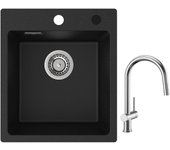 Fregadero cecipa max 40x45 cm en cuarzo y resina fregadero de cuarzo 1 seno negro + mezclador de cocina con ducha extraíble cepillado