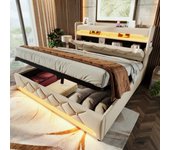 Cama con cabecero y espacio de almacenaje de 160 x 200 cm - tejido de lino - toma usb y tipo c - beige (sin colchón)